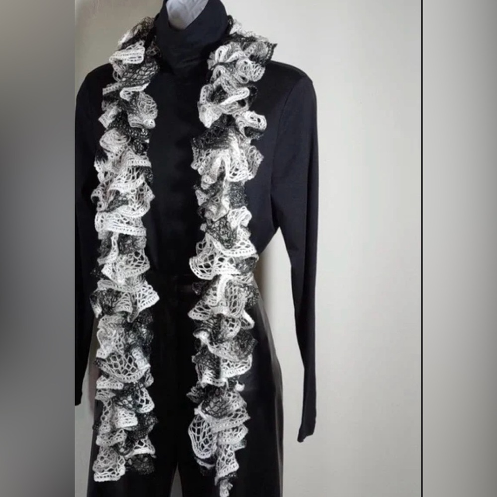 Ruffle Scarf, Black, White, Grey, Frilly Scarf, Crochet,, Lace Scarf--
